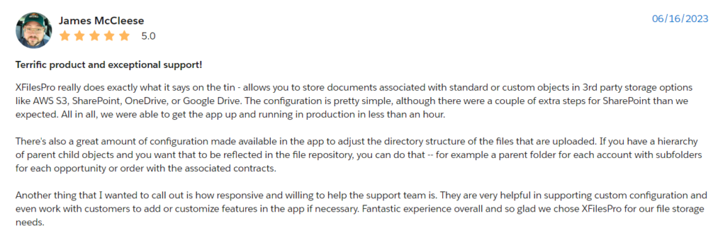 AppExchange Review on Excellent Support Offered by XfilesPro for Salesforce File Management 